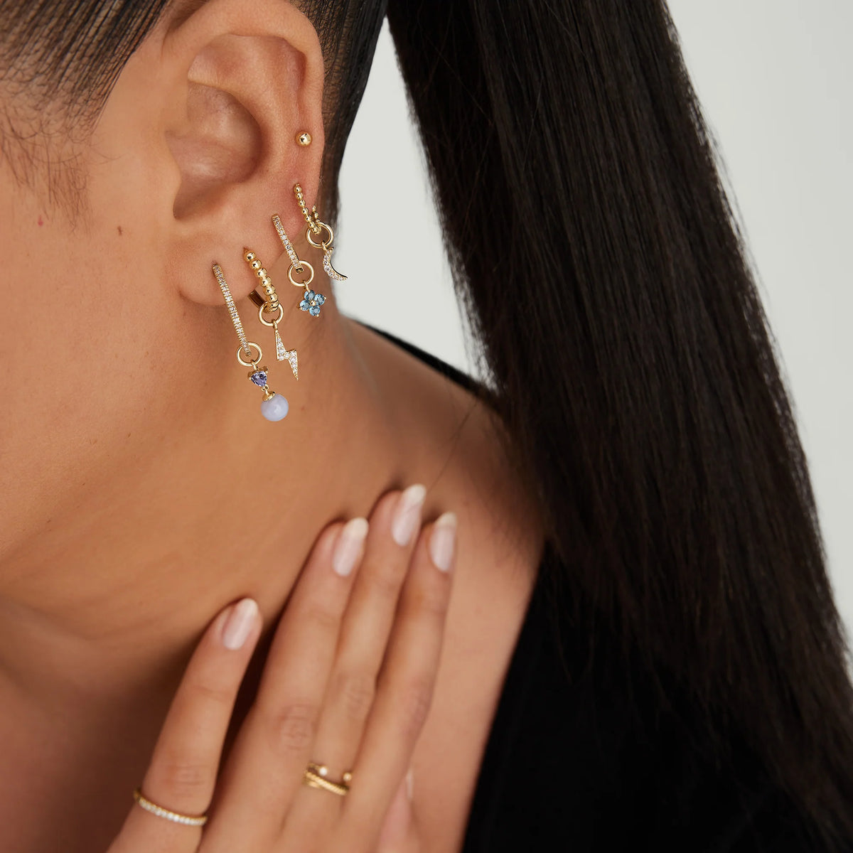 Single Gemstone Cluster Hoop Charm-10k Yellow Gold / London Blue Topaz