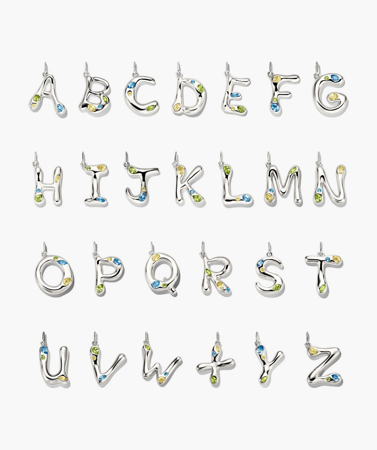 Organic DÃ´me Liquid Letter Pendant-Sterling Silver / Swiss Blue Topaz, Peridot, Lemon Quartz / E